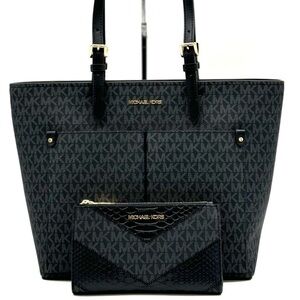 Michael Kors Jet Set Medium Pocket Tote Bag & Double Zip Wallet Black Multi